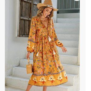 floral Print Retro V Neck Tassel Bohemian Midi Dress. Absolutely beautiful.
